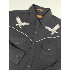 Vintage Sheplers Western Shirt Mens Large Black Embroidered Eagle Pearl Snap